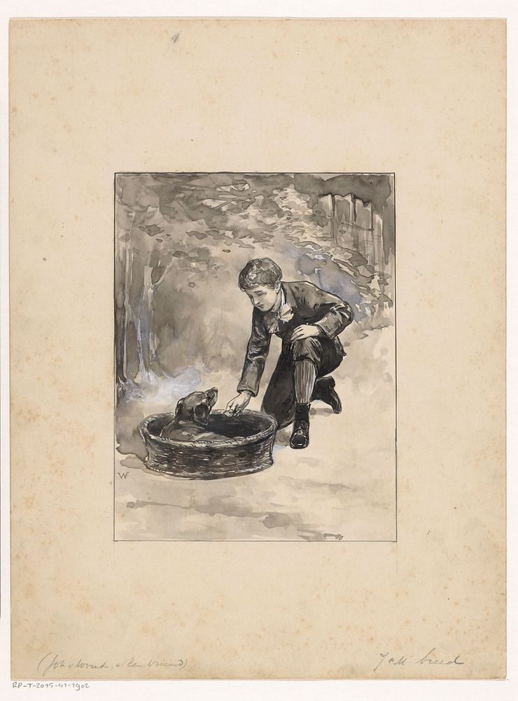 Jongen knielt bij een hond in een mand (1870 - 1937) by Willem Wenckebach