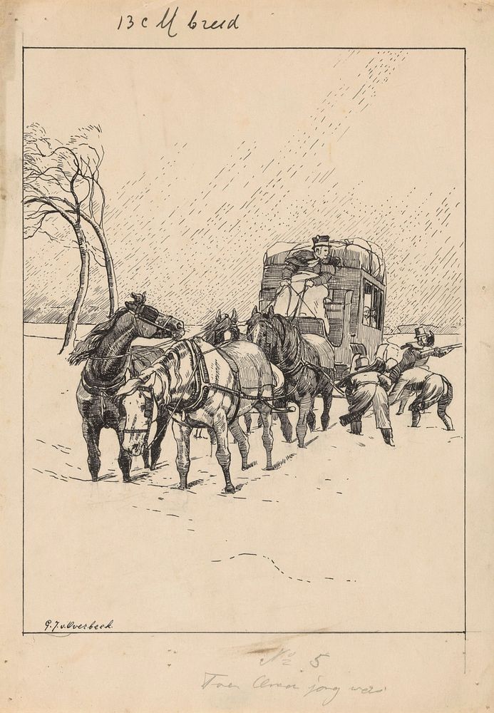 Vastgelopen paardenkoets in de sneeuw (1892 - 1947) by Gijsbertus Johannes van Overbeek