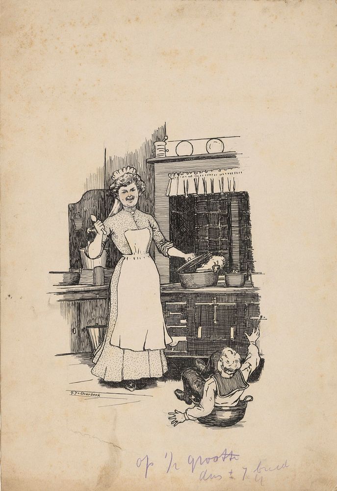 Vrouw lacht om een jongen in een kookpot (1892 - 1947) by Gijsbertus Johannes van Overbeek