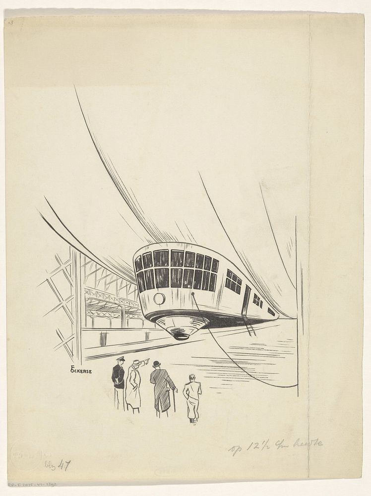 Vier mannen bekijken een luchtschip (in or before 1934) by F Ockerse