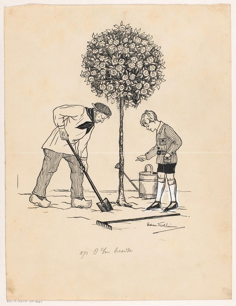 Tuinierende jongen en man bij een rozenboom (1917 - 1970) by Adrie Vürtheim