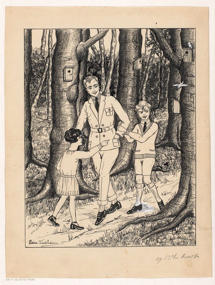Man en kinderen op een bospad (1917 - 1970) by Adrie Vürtheim