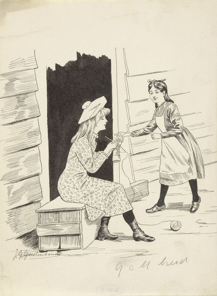 Breiend meisje en een dienstmeid bij een open deur (1868 - 1931) by Johan Georg Gerstenhauer Zimmerman