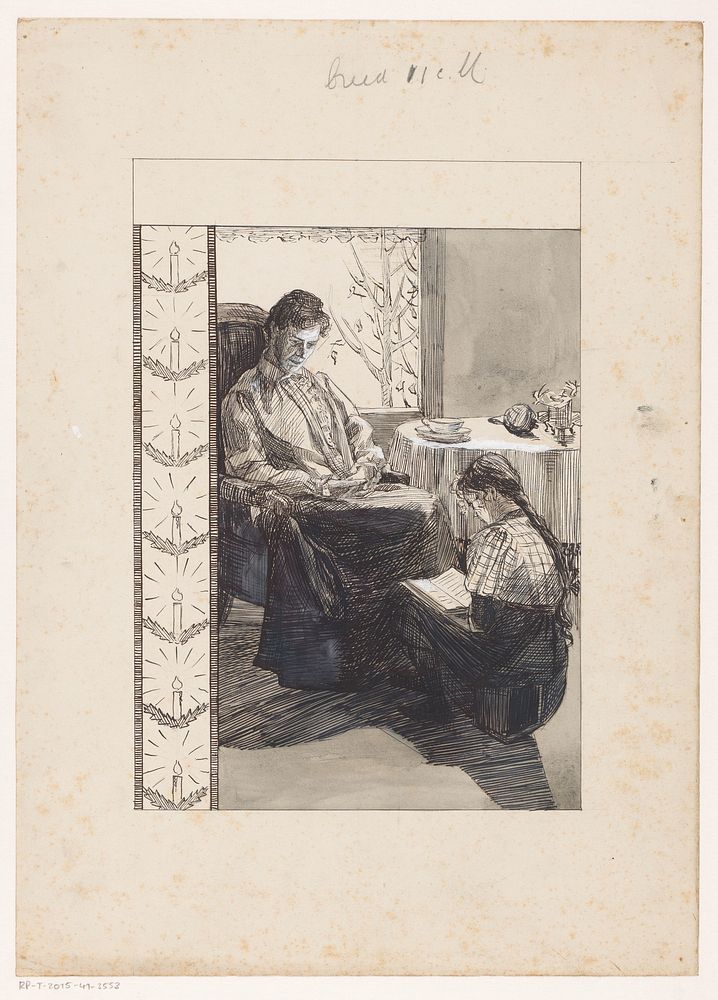 Lezend meisje bij een zittende vrouw (c. 1880 - c. 1930) by anonymous