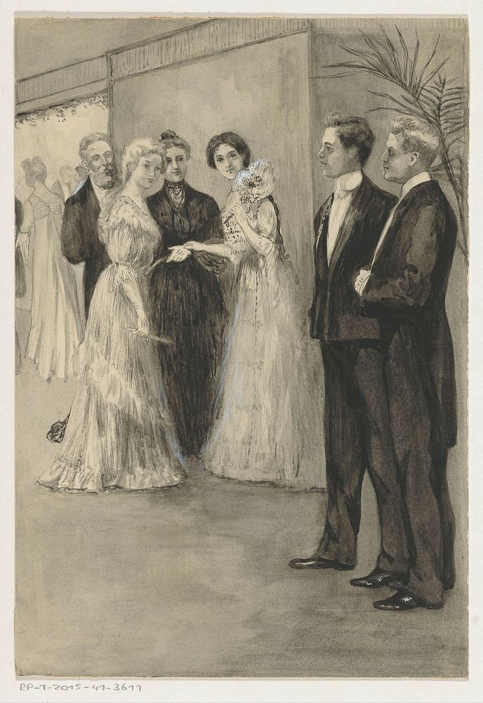 Zusjes in avondkleding bekijken twee jongemannen (in or before 1905) by Anna Maria Kruijff