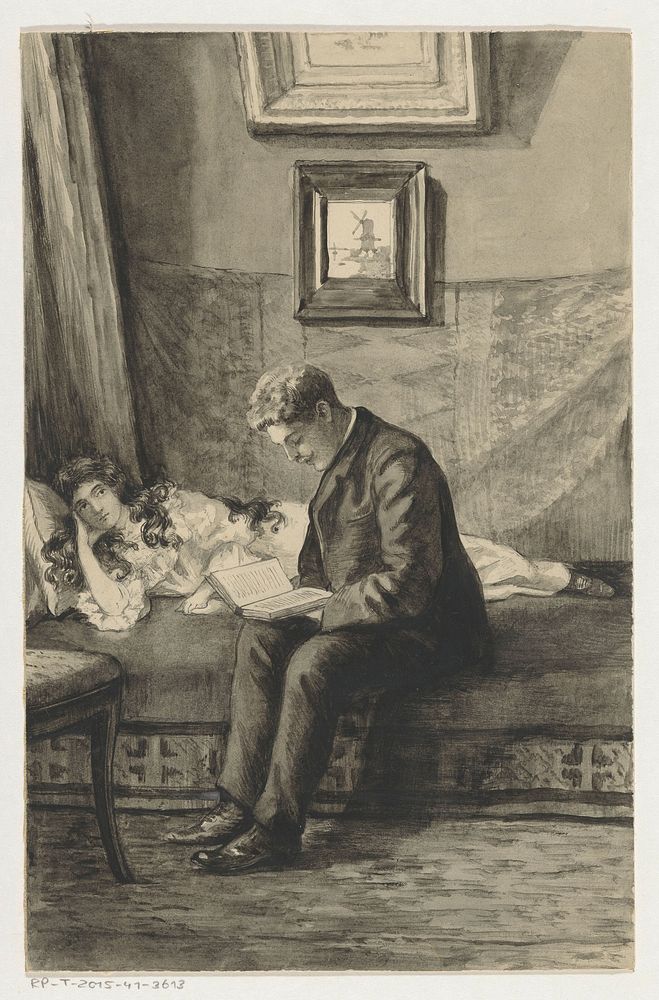 Jongeman leest meisje voor (in or before 1905) by Anna Maria Kruijff