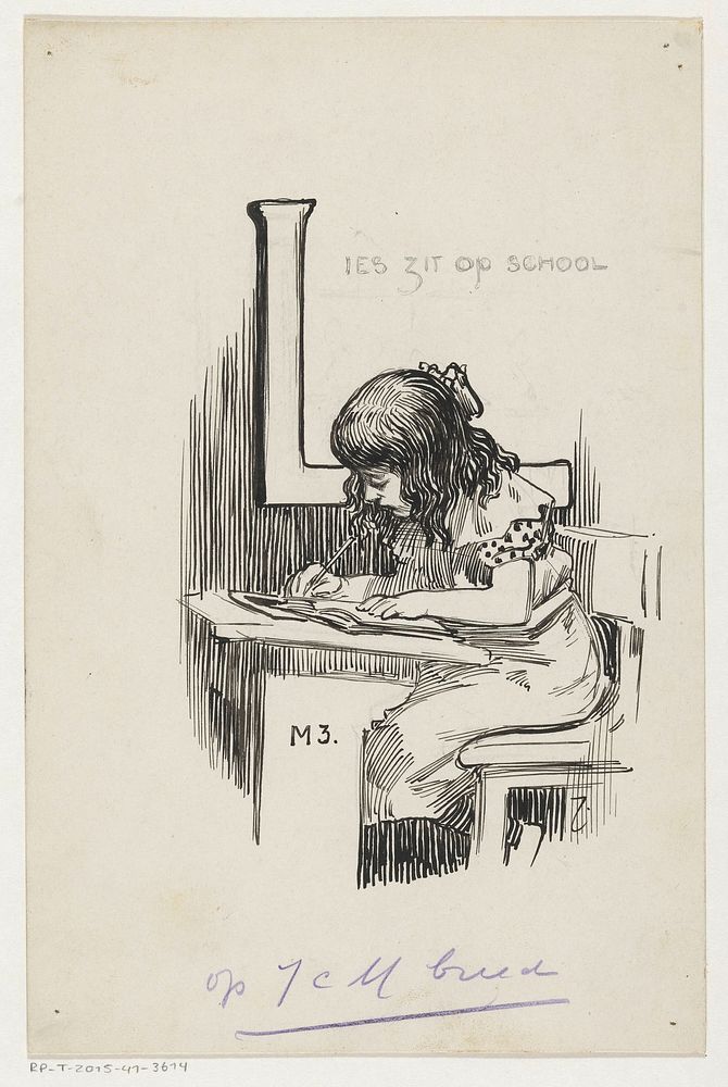 Schrijvend meisje in een schoolbank (c. 1880 - c. 1930)