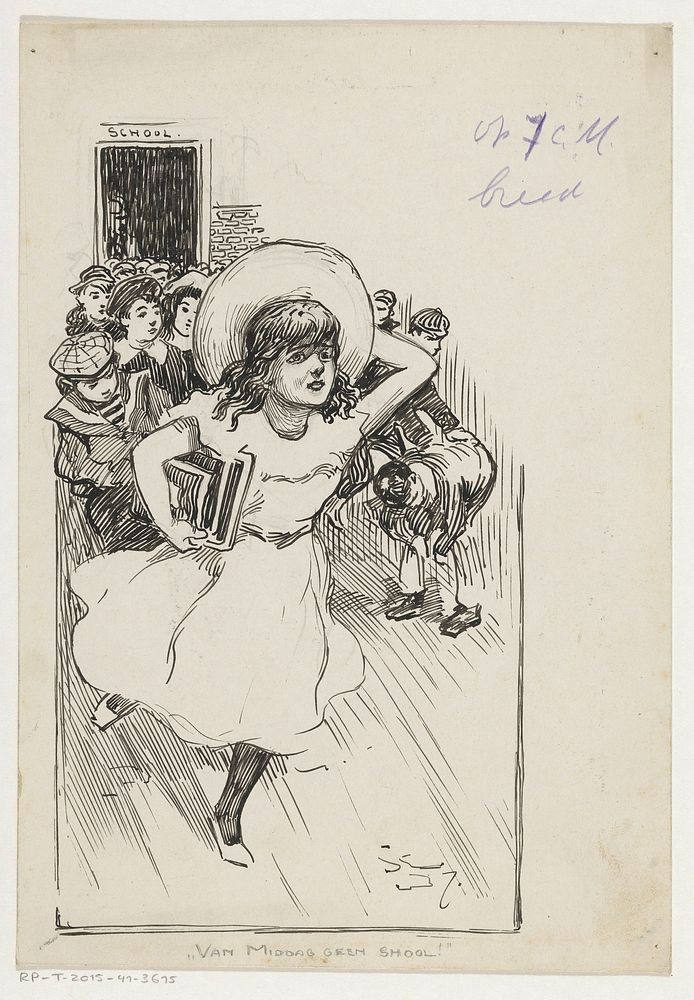 Meisje rent weg van school (c. 1880 - c. 1930)