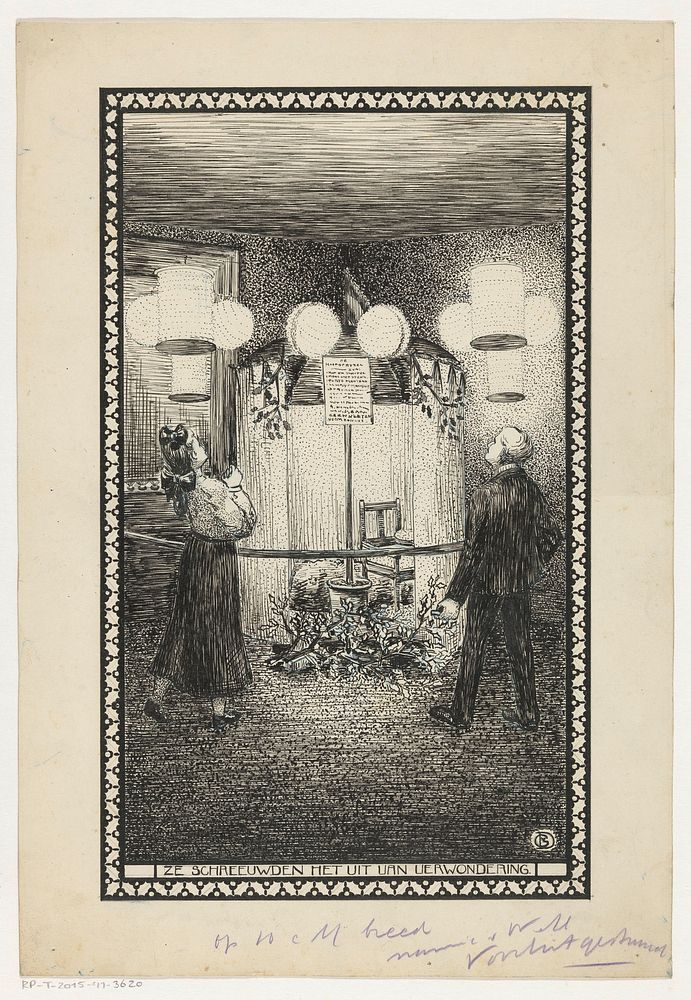 Frida en Hein bekijken een stapel cadeaus verborgen onder hulst (in or before 1909) by G van Doorn