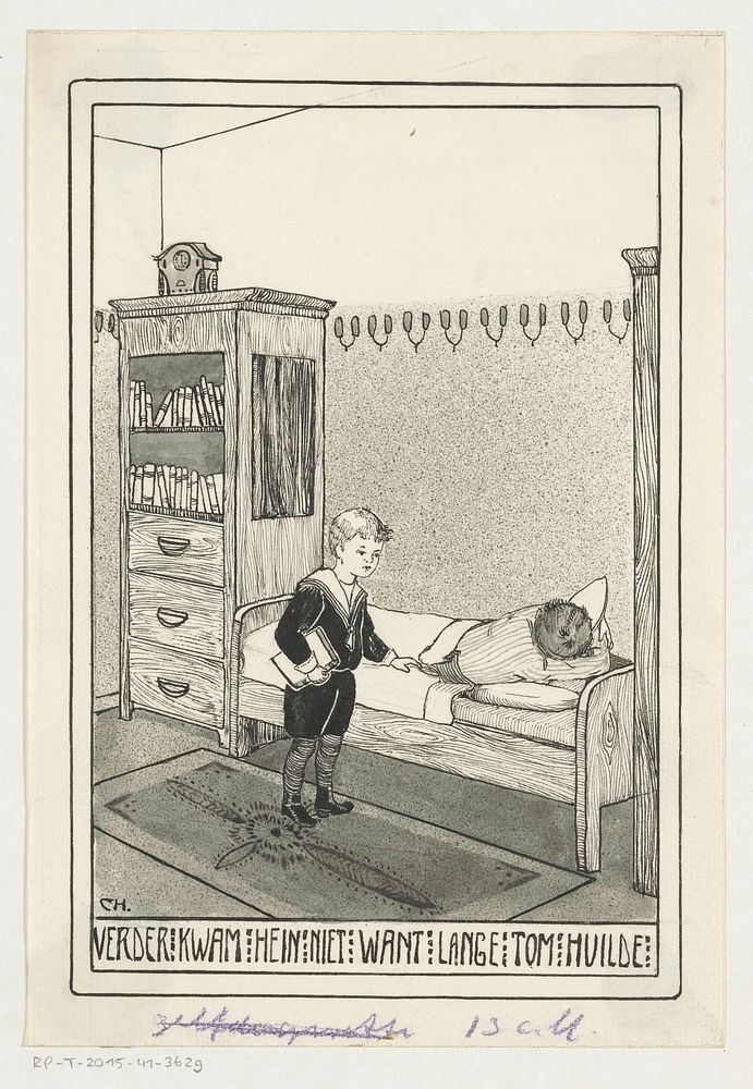 Jongen naast het bed van een huilende jongen (c. 1890 - c. 1940)