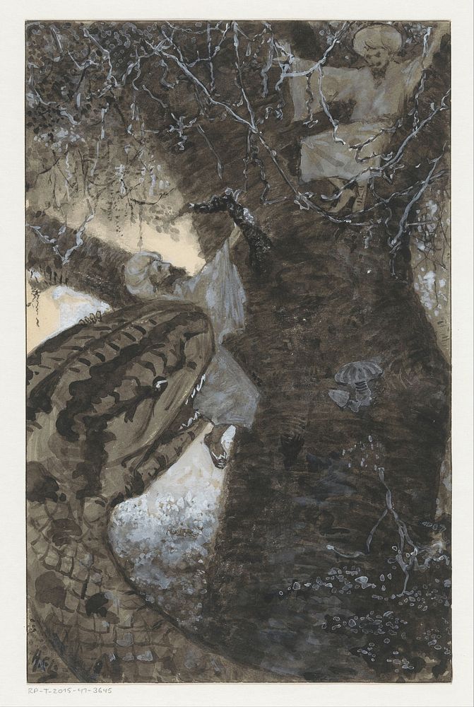 Man in boom wordt door een slang gegrepen (in or before 1910) by H C Louwerse
