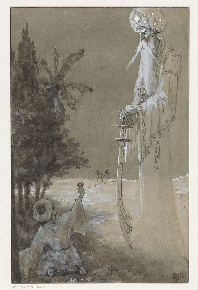 Lange man met baard kijkt neer op een zittende jongen (in or before 1910) by H C Louwerse
