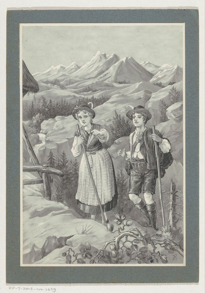 Jongen en meisje wandelen in een berglandschap (in or before 1905)