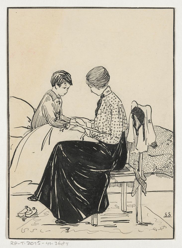 Vrouw aan het bed van een jongen (c. 1880 - c. 1930)
