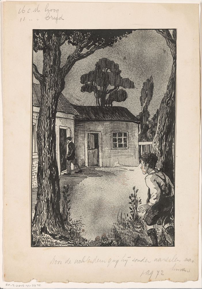 Jongen bespioneert een man bij een achterdeur (c. 1900 - c. 1930) by anonymous