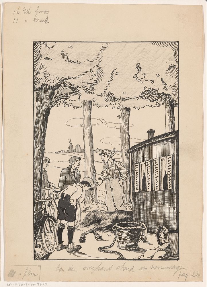Gevallen paard bij een woonwagen (c. 1900 - c. 1930) by anonymous