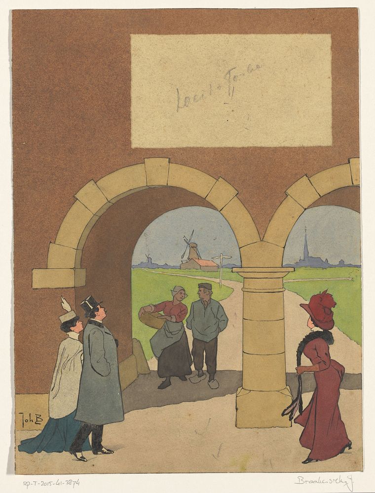 Bandontwerp met wandelaars bij een poortgebouw (1868 - 1940) by Johan Braakensiek