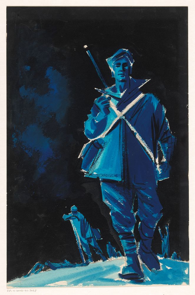 Bandontwerp met een man in buitenkleding op een veld (c. 1920 - c. 1970) by anonymous