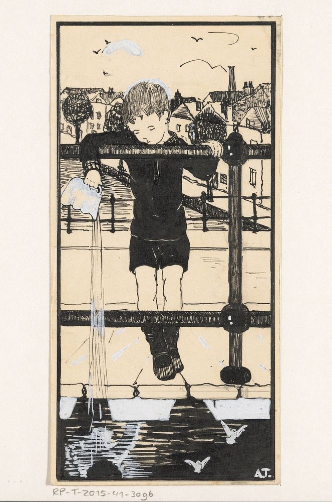 Jongen gooit kan leeg in gracht (c. 1925 - c. 1935) by A Tinbergen