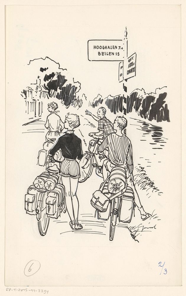 Vier fietsers bij een wegwijzer (c. 1930 - c. 1970)