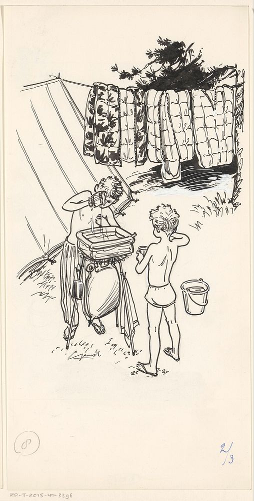 Zich wassende jongens op een camping (c. 1930 - c. 1970)