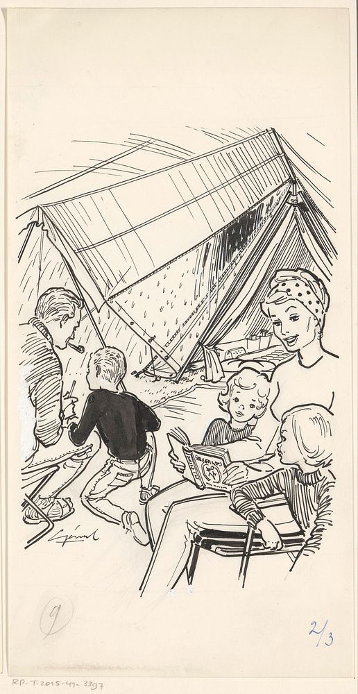 Gezin in een tent op een regenachtige dag (c. 1930 - c. 1970)