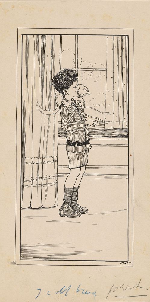 Jongen met een spelende kat op zijn nek (1914) by Nelly Spoor