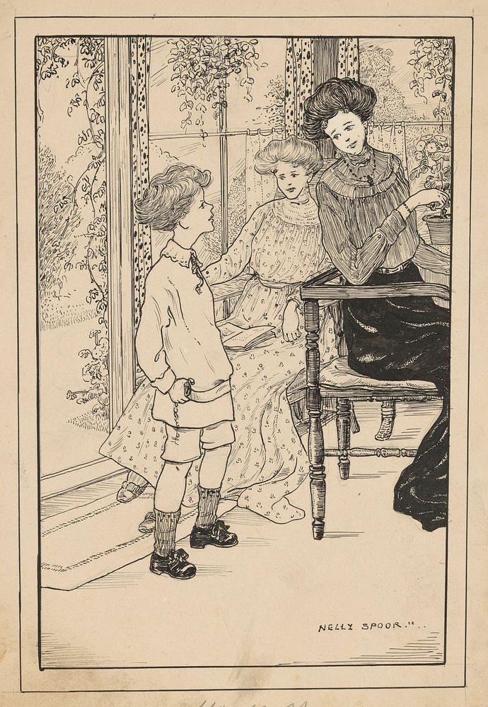 Twee vrouwen en een jongen in een serre (1912) by Nelly Spoor