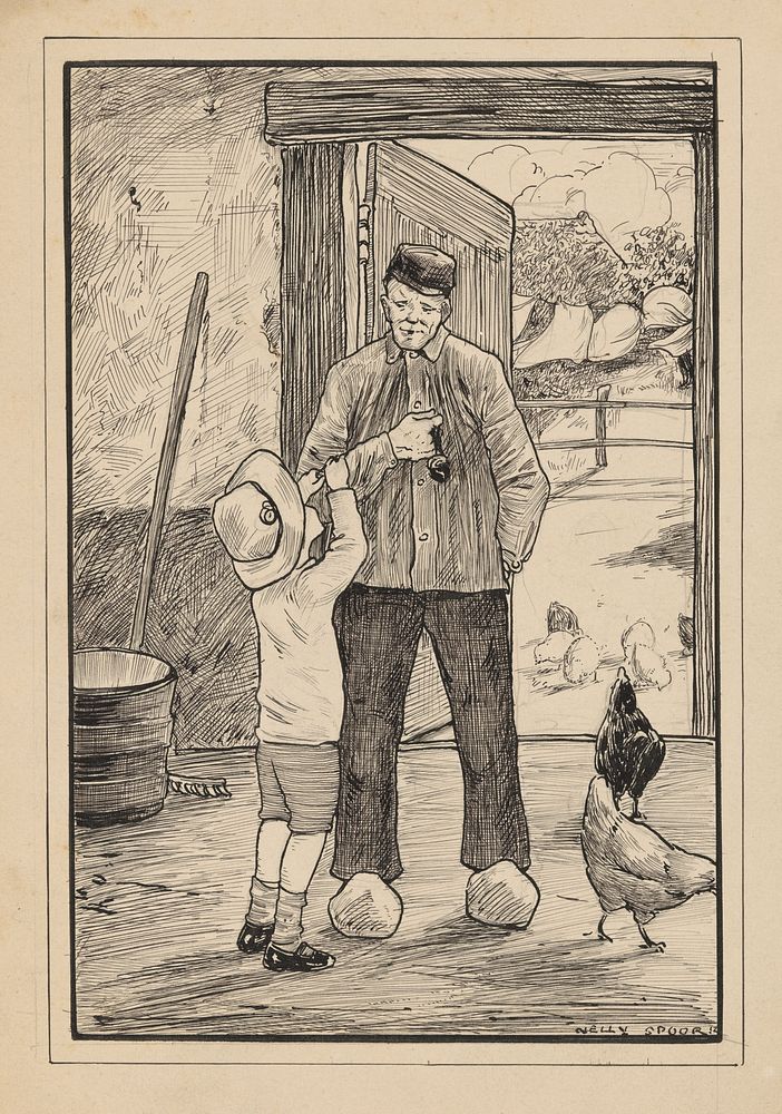 Jongen klampt zich vast aan een boer (1912) by Nelly Spoor