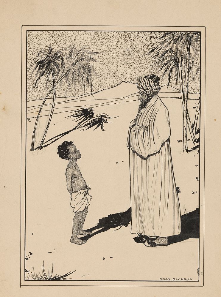 Jongen en man met tulband in een woestijnlandschap (1895 - 1950) by Nelly Spoor