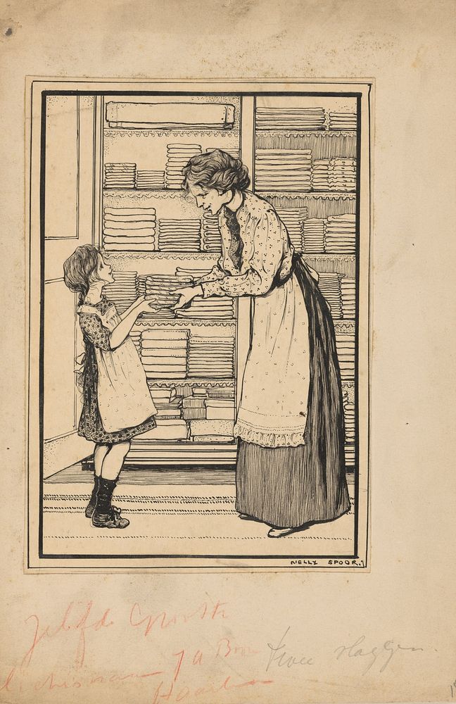 Vrouw reikt een meisje een stapel lakens aan (1895 - 1950) by Nelly Spoor