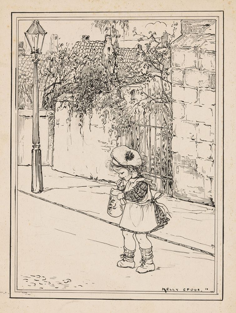 Peutermeisje met kan op een straat (1918) by Nelly Spoor