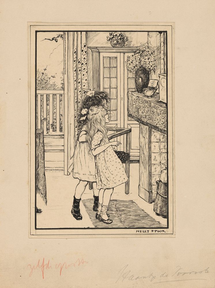 Twee meisjes kijkend naar een vogel op een schouw (1895 - 1950) by Nelly Spoor