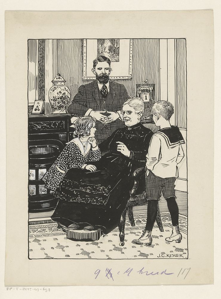 Interieur met een man, twee kinderen en oude vrouw (1883 - 1938) by Johannes Godefridus Kesler