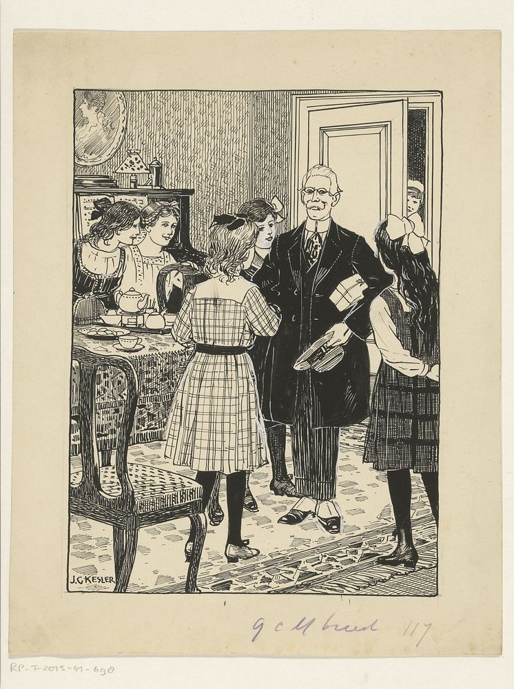 Interieur met vijf meisjes en een oudere man (1883 - 1938) by Johannes Godefridus Kesler