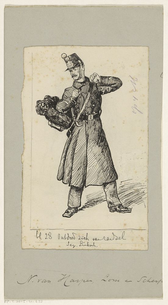 Militair ontdoet zich van ransel (in or before 1889) by Jan Hoynck van Papendrecht