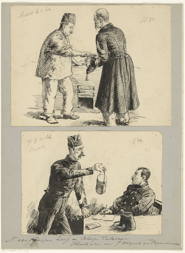 Militair met hoed en militairen in overleg (in or before 1889) by Jan Hoynck van Papendrecht