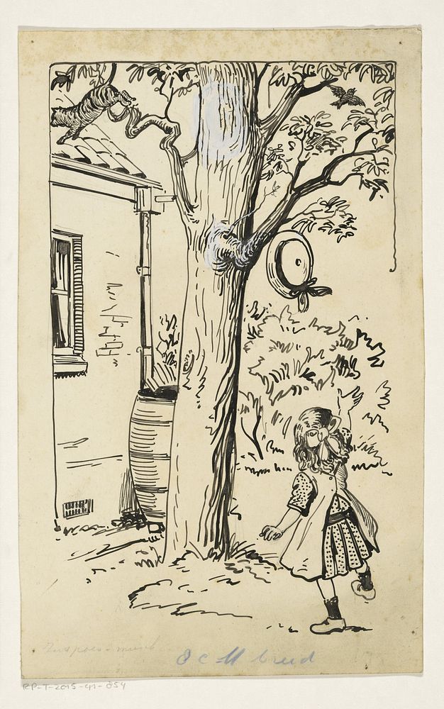 Meisje gooit een hoed naar een boom (c. 1916 - c. 1917) by Frans Lazarom