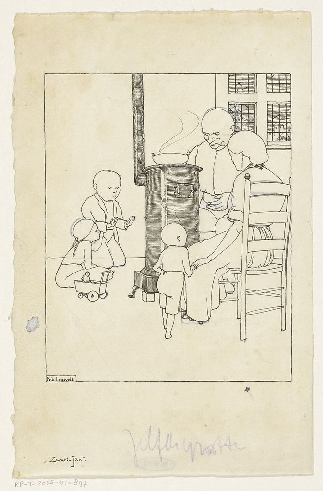 Oude man en vrouw en kinderen rond een kachel (c. 1910) by Frits Lensvelt