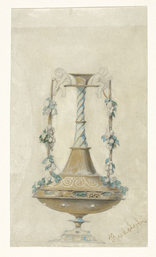Ontwerp voor een vaas met oren in de vorm van jongetjes die linten met vruchtentrossen vasthouden (c. 1850 - c. 1870) by…
