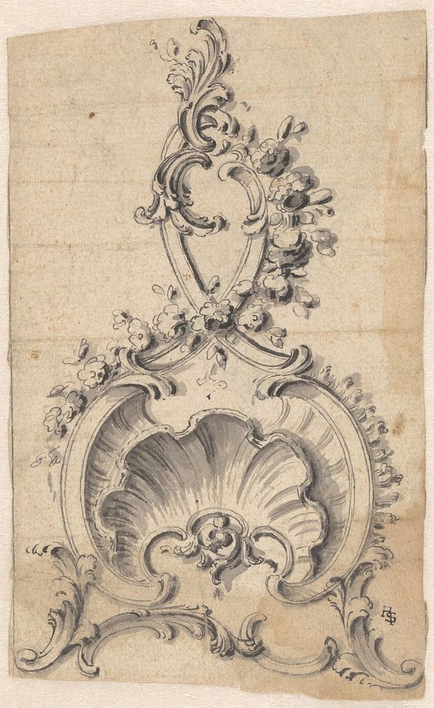 Rocaille-bekroning met een schelp, voluten en bloemen (c. 1750) by anonymous
