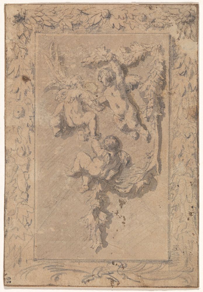 Paneel met drie vliegende putti (c. 1650 - c. 1680) by anonymous