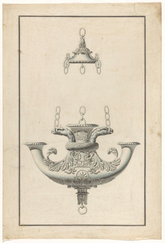Een hangende, gepatineerd bronzen lamp voor drie kaarsen, versierd met adelaarskoppen (c. 1805 - c. 1820) by anonymous