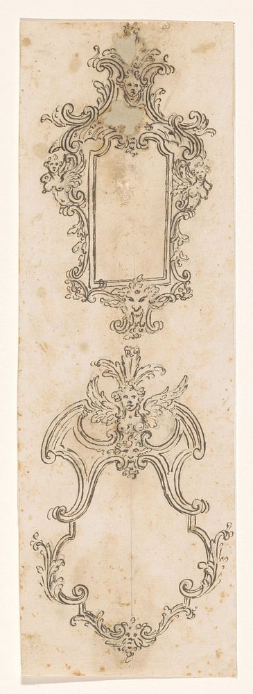 Twee boven elkaar geplaatste spiegellijsten met gevleugelde vrouwenbustes en maskers (c. 1710 - c. 1740) by anonymous