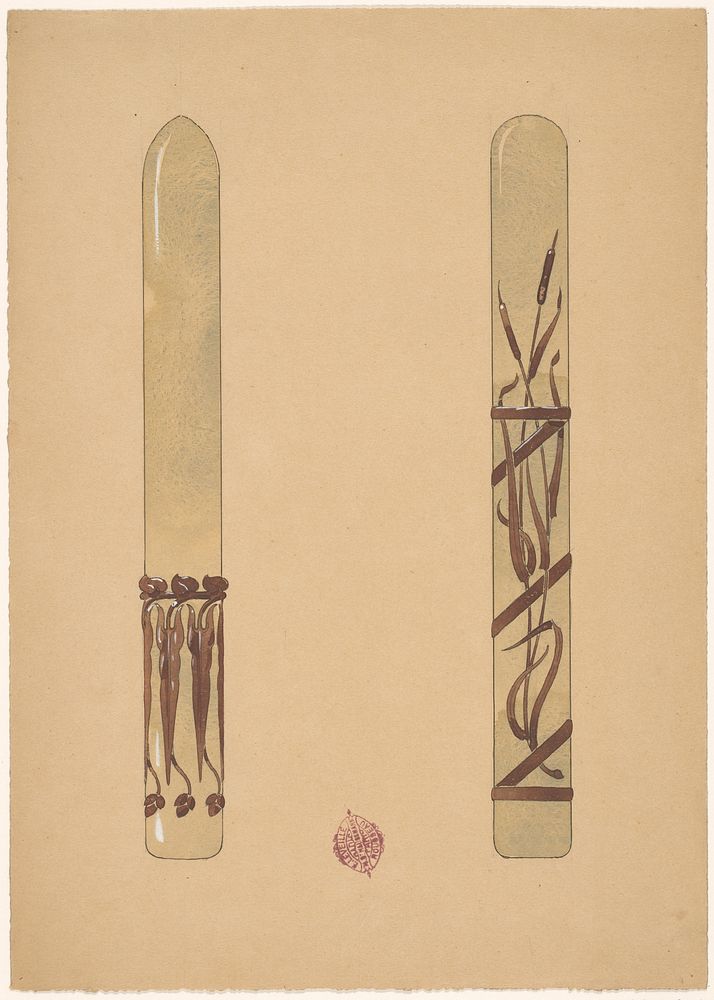 Twee glazen briefopeners, met een reliëfversiering in metaal of glas (c. 1890 - c. 1900) by anonymous and E Léveillé Rousseau