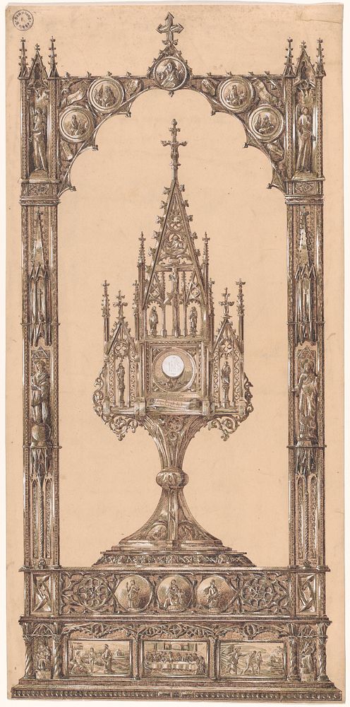 Ontwerp voor een monstrans in een omlijsting met midden onder het Laatste Avondmaal, in gothische stijl (c. 1850 - c. 1900)…