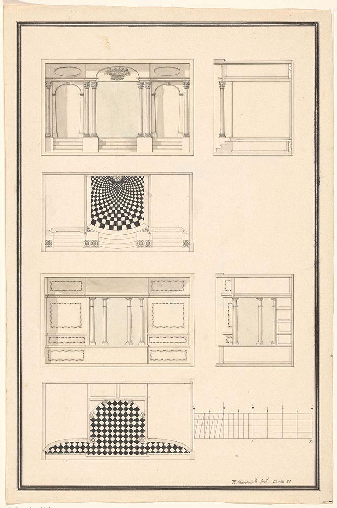 Binnenwerk van het bovendeel van twee secretaires, beide in voor- en zijaanzicht met daaronder een doorsnede (1820) by Carl…