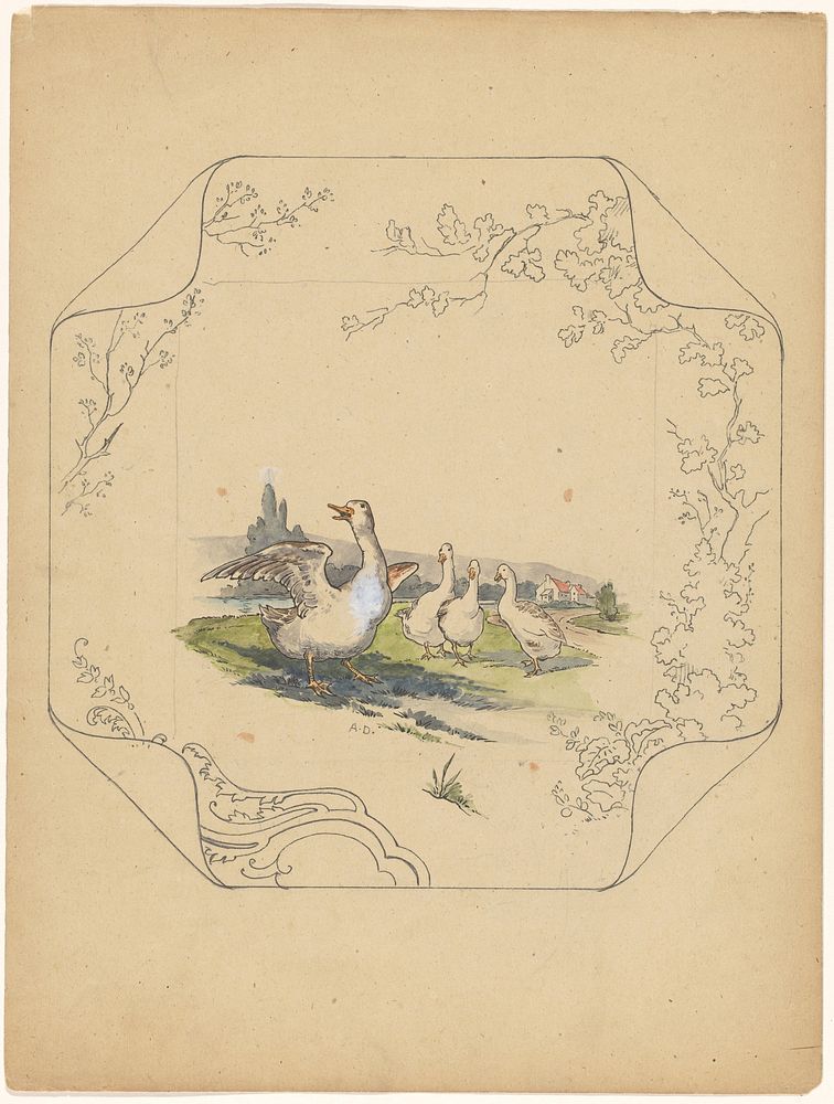 Ontwerp voor bord van het model ‘Square’ met vier ganzen (c. 1875 - c. 1880) by Albert Louis Dammouse