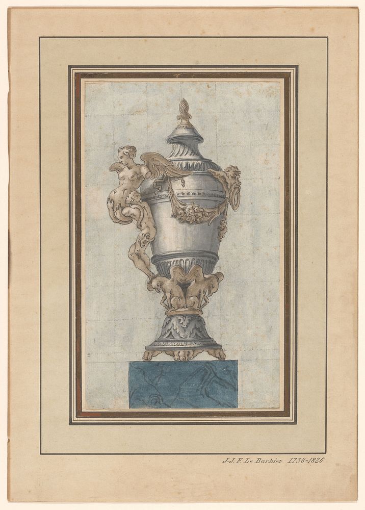 Kan, vermoedelijk van gedeeltelijk verguld zilver, op een marmeren sokkel (c. 1780) by anonymous