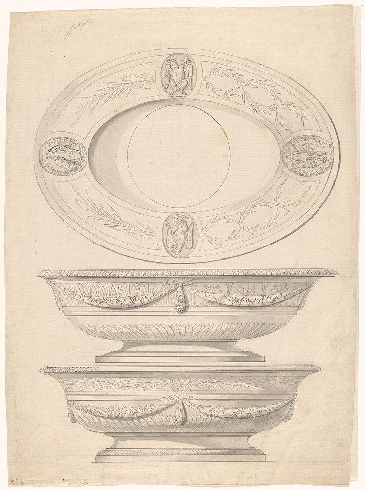 Ontwerp voor een doopvont, met een bovenaanzicht en twee varianten van een vooraanzicht (c. 1810) by anonymous